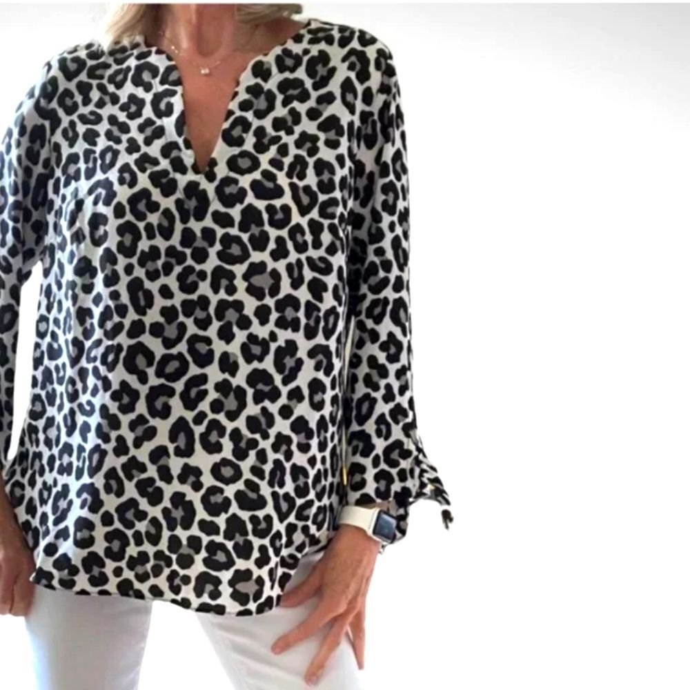 MICHAEL Michael Kors v-neck animal print blouse, tie sleeves, M